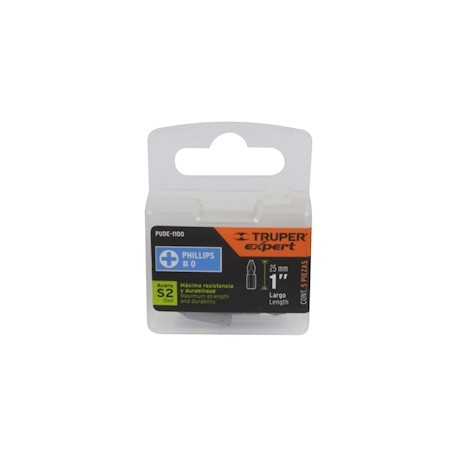 JUEGO DE PUNTAS PHILLIPS 0 PARA DESTORNILLADOR DE 1 PULGADA ACERO TRUPER 5 PIEZAS