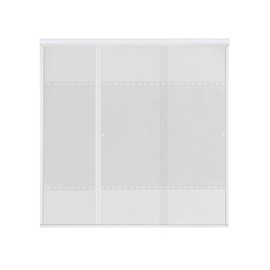 CANCEL DE 1.96 A 2.00 X ALTURA 1.87M. CRISTAL TEMPLADO FIJO Y 2 CORREDIZOS GRABADO MEDIEVAL CON ALUMINIO BLANCO