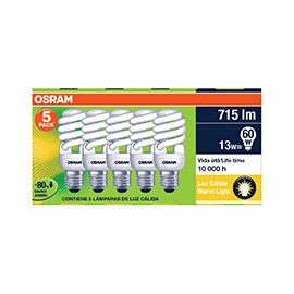 FOCO AHORRADOR OSRAM ESPIRAL 13 W LUZ CALIDA 5 PAC