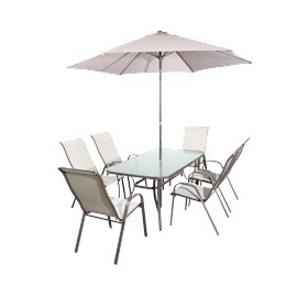 COMEDOR DE JARDÍN RENBURY BEIGE 6 SILLAS TELA ESTRUCTURA DE ACERO
