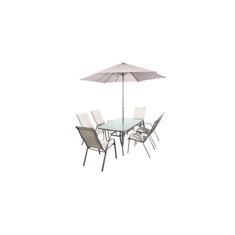 COMEDOR DE JARDÍN RENBURY BEIGE 6 SILLAS TELA ESTRUCTURA DE ACERO