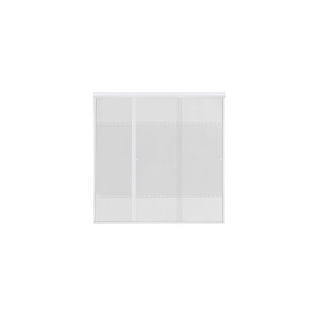 CANCEL DE 1.86 A 1.90 X ALTURA 1.87M. CRISTAL TEMPLADO FIJO Y 2 CORREDIZOS GRABADO MEDIEVAL CON ALUMINIO BLANCO