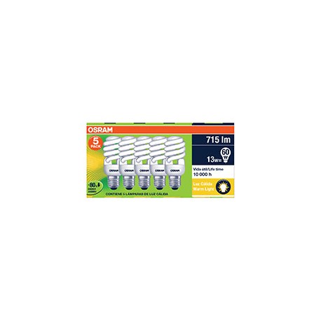 FOCO AHORRADOR OSRAM ESPIRAL 13 W LUZ CALIDA 5 PAC